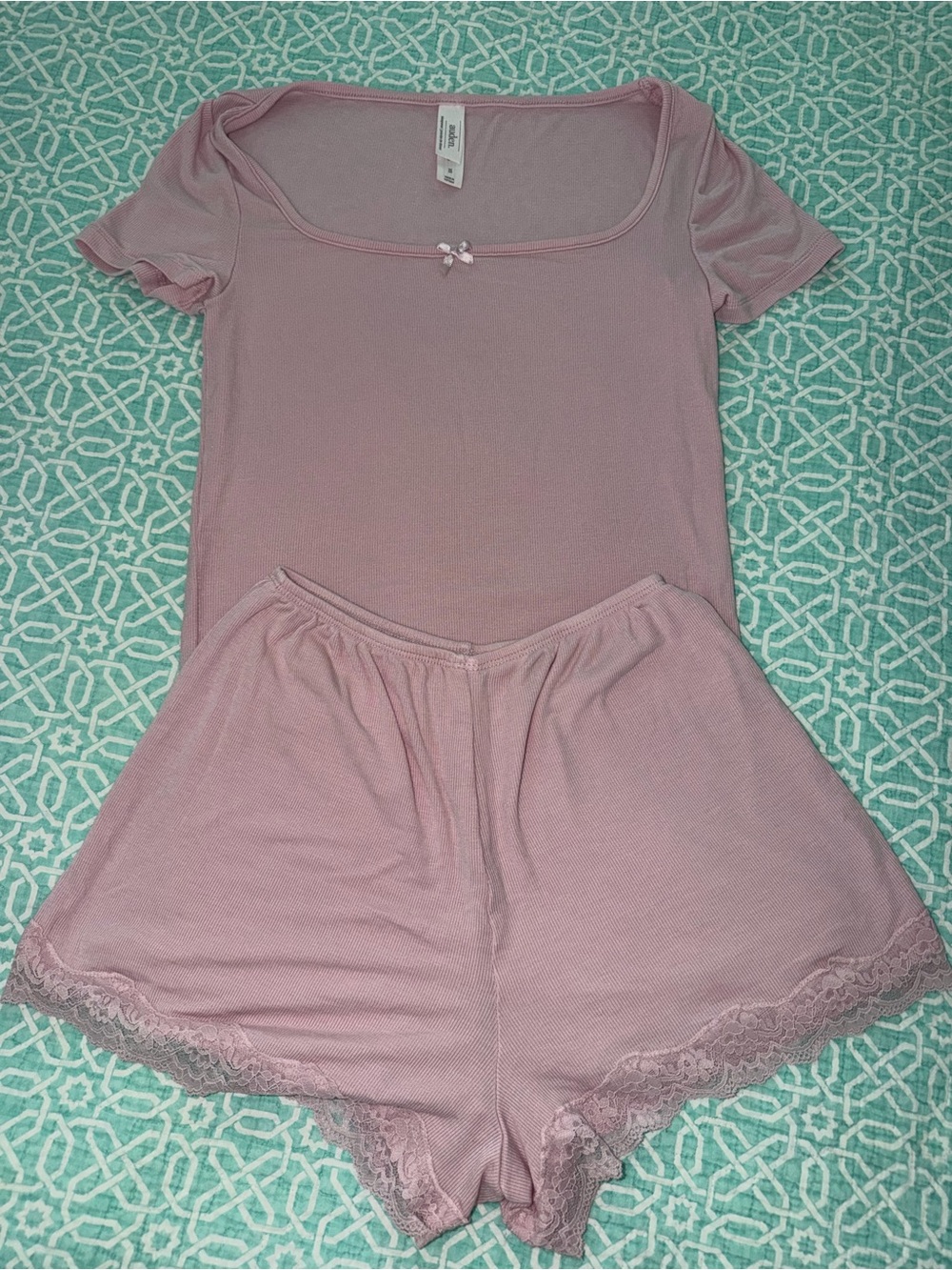 Auden Dusty Rose Short Sleeve Scoop Neck Pajama Set with Lace Trim - Picture 7 of 8